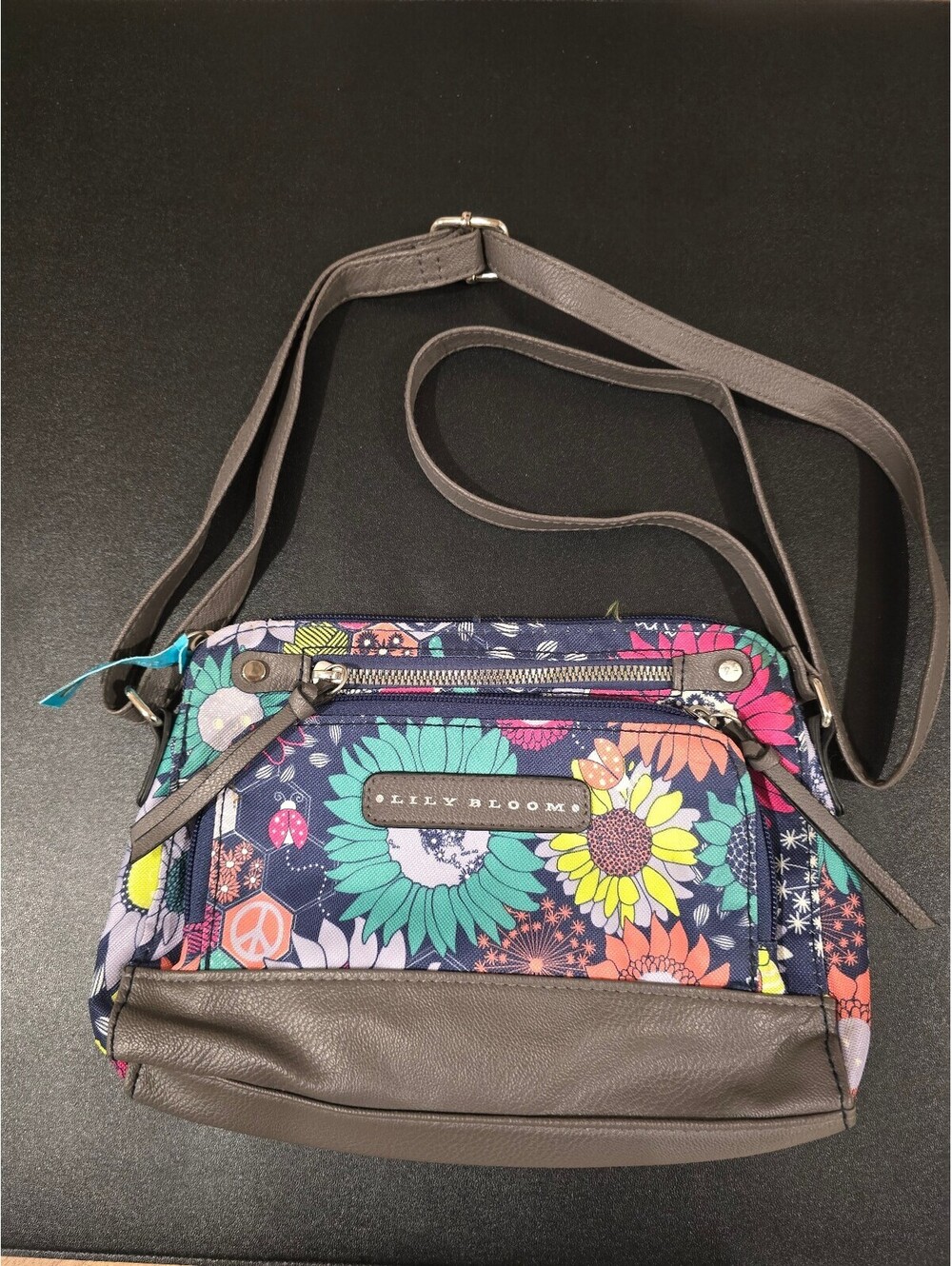 Lily Bloom Crossbody Bag Colorful Floral & Peace Sign Print Gray Trim